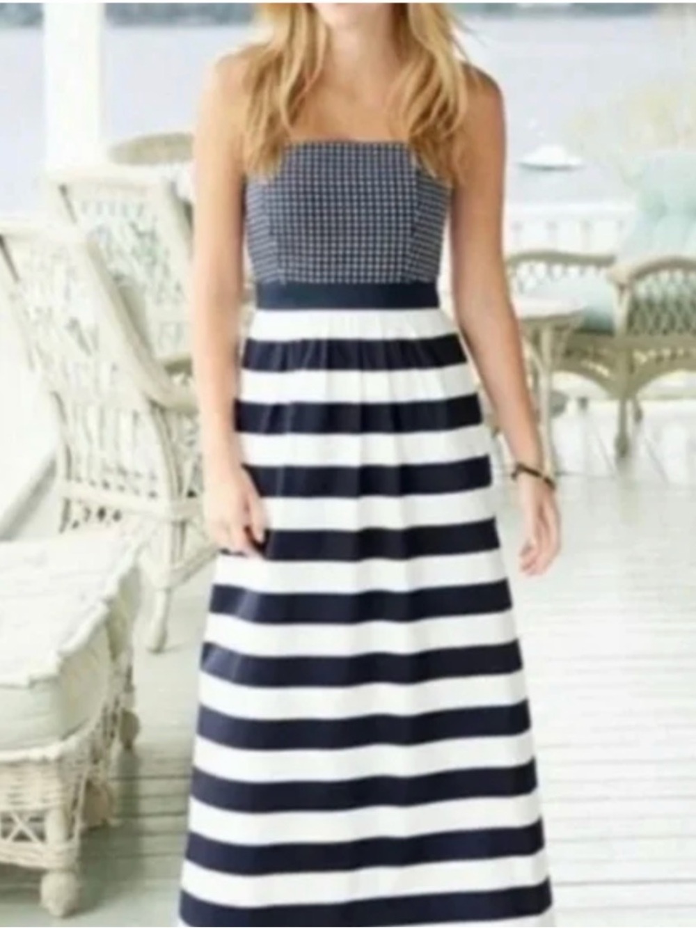 Vineyard Vines Navy and White Strapless Maxi Dress